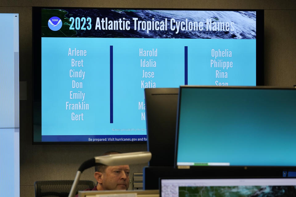 The names for the 2023 Atlantic Hurricane season are displayed at the National Hurricane Center, Wednesday, May 31, 2023, in Miami, Fla. The hurricane season starts June 1. (AP Photo/Marta Lavandier)