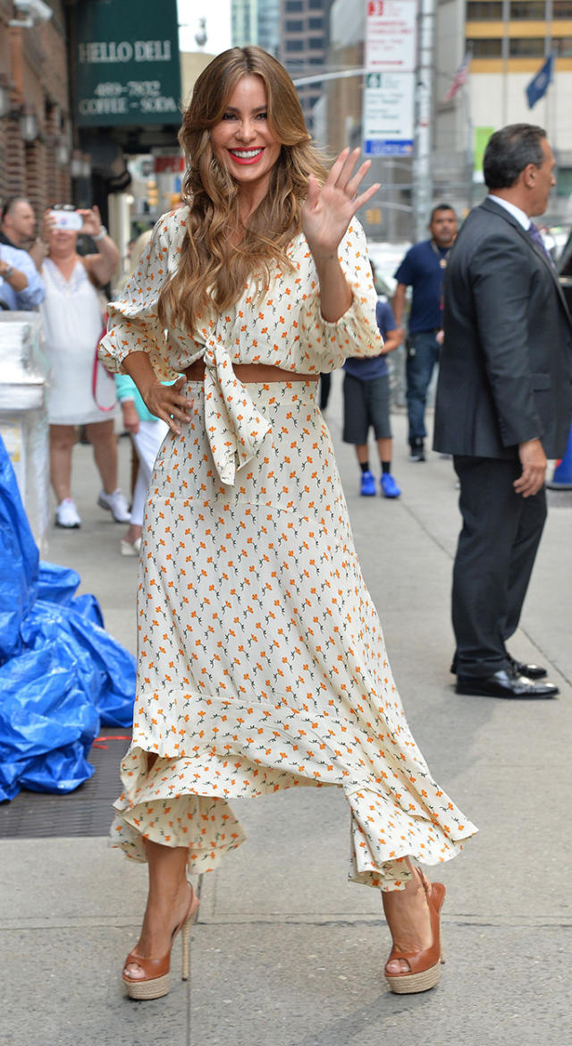 WHAT SHE WORE: Sofia Vergara in blue platform strappy sandals in