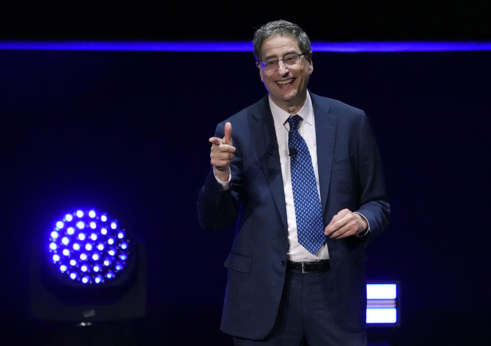Tom Rothman, chairman of Sony Pictures Entertainment, addresses the crowd during the Sony Pictures presentation at CinemaCon 2023, the official convention of the National Association of Theatre Owners (NATO) at Caesars Palace, Monday, April 24, 2023, in Las Vegas. (AP Photo/Chris Pizzello)