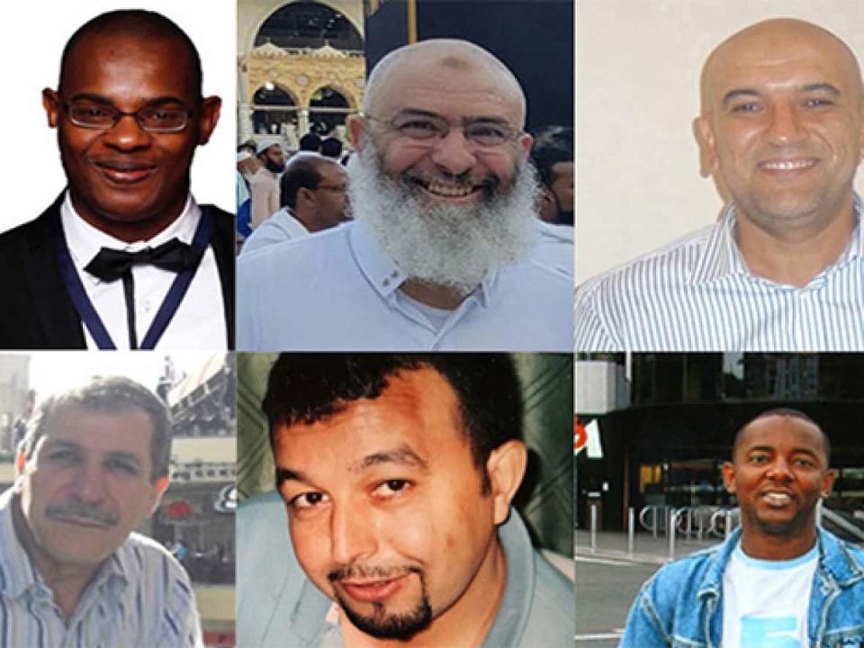 Commemorative events marking the fifth anniversary of the Quebec City mosque attack came to a head Saturday. The six men who died in the mass shooting are, clockwise from top left, Mamadou Tanou Barry, Azzeddine Soufiane, Abdelkrim Hassane, Ibrahima Barry, Aboubaker Thabti and Khaled Belkacemi. (CBC - image credit)