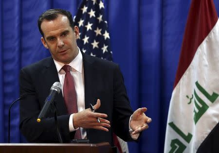 Brett McGurk, President Barack Obama's envoy to the U.S.-led coalition fighting the Islamic State group, speaks to during news conference at the U.S. Embassy in Baghdad, Iraq, March 5, 2016. REUTERS/Hadi Mizban/Pool