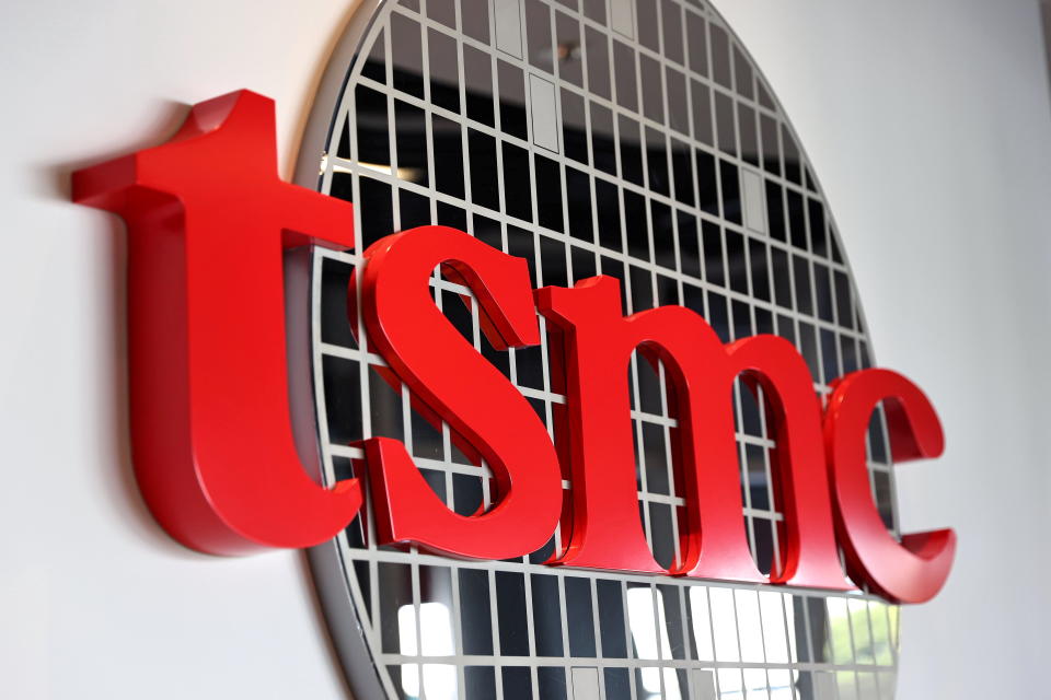 The logo of Taiwan Semiconductor Manufacturing Co (TSMC) is pictured at its headquarters, in Hsinchu, Taiwan, January 19, 2021. REUTERS/Ann Wang