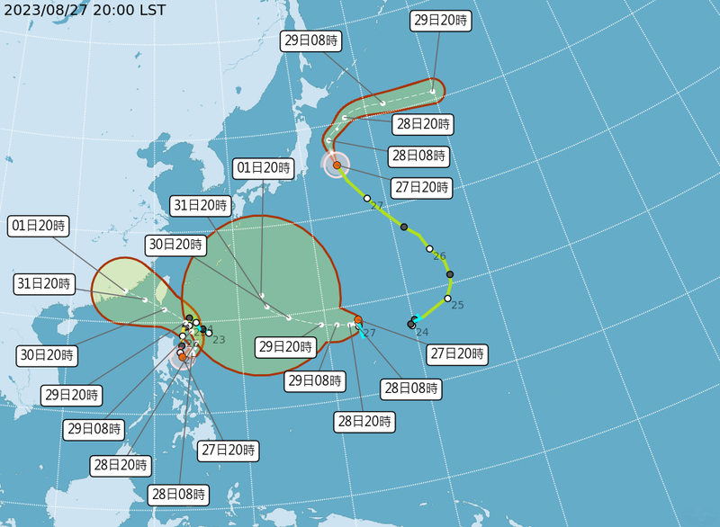 颱風動向持續更新，中央氣象局最新路徑預報顯示，蘇拉已開始轉彎，並將路徑南修。（翻攝自氣象局）