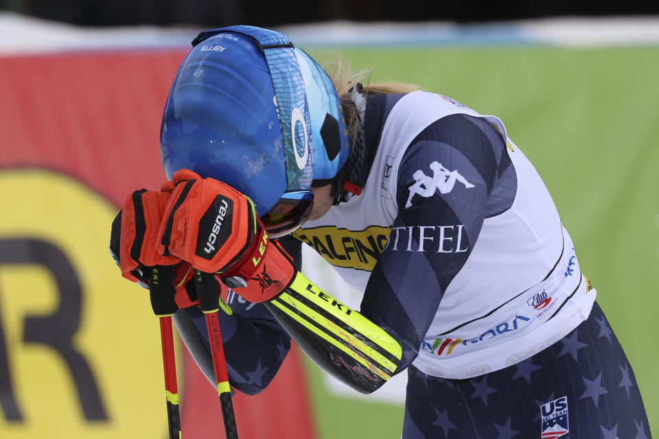 United States' Mikaela Shiffrin reacts after winning an alpine ski, women's World Cup giant slalom race, in Kranjska Gora, Slovenia, Sunday, Jan. 8, 2023. (AP Photo/Marco Trovati)