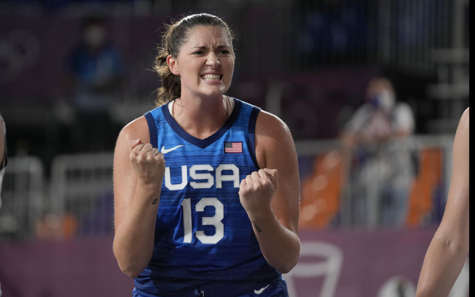 United States' Stefanie Dolson celebrates during a women's 3-on-3 basketball game against Russian Olympic Committee at the 2020 Summer Olympics, Sunday, July 25, 2021, in Tokyo, Japan. (AP Photo/Jeff Roberson)