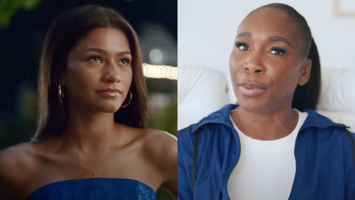  From left to right: Zendaya looking to her right in Challengers and Venus Williams talking to the camera on her YouTube Channel. 