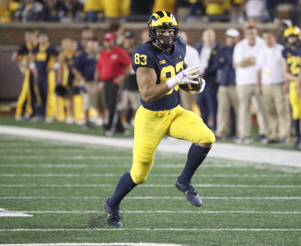 Michigan tight end Erick All catches a pass against the Hawaii during the first half on Saturday, Sept. 10, 2022, in Ann Arbor.