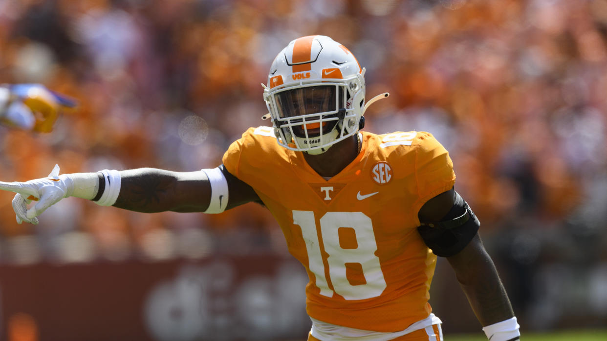 Tennessee linebacker William Mohan plays against Pittsburgh during an NCAA football game on Saturday, Sept. 11, 2021, in Knoxville, Tenn. (AP Photo/John Amis)