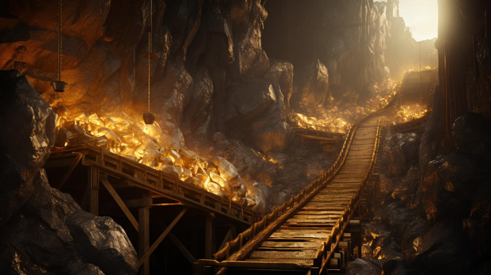 A gold mine entry with a conveyor belt transporting minerals from the depths of a shaft.