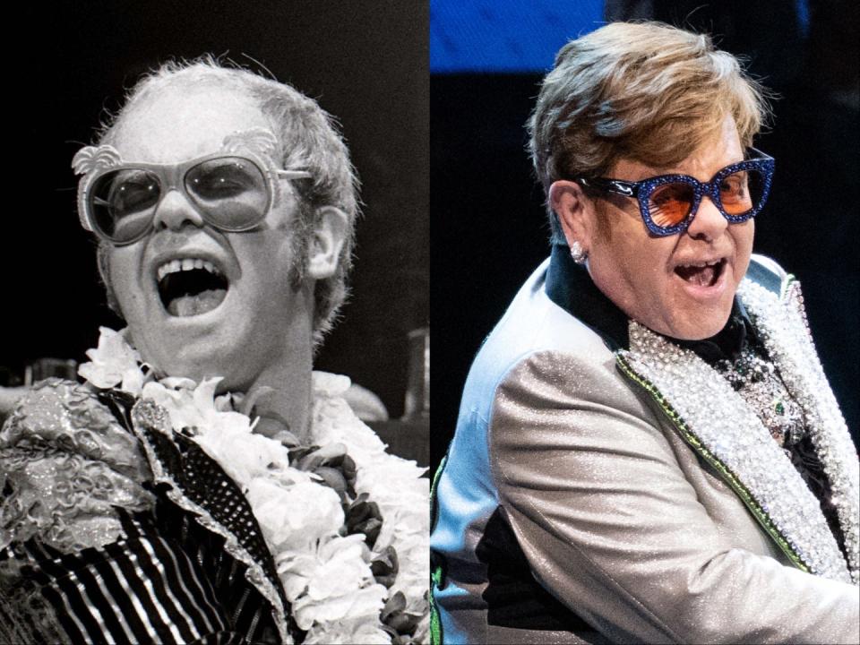 On the left, Elton John performing with sunglasses on in 1974. On the right, John performing with sunglasses on in 2023.