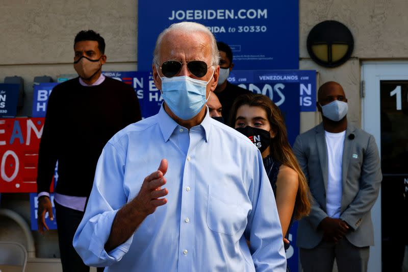 FILE PHOTO: Democratic U.S. presidential nominee and former Vice President Joe Biden speaks at a Victory Center in Fort Lauderdale