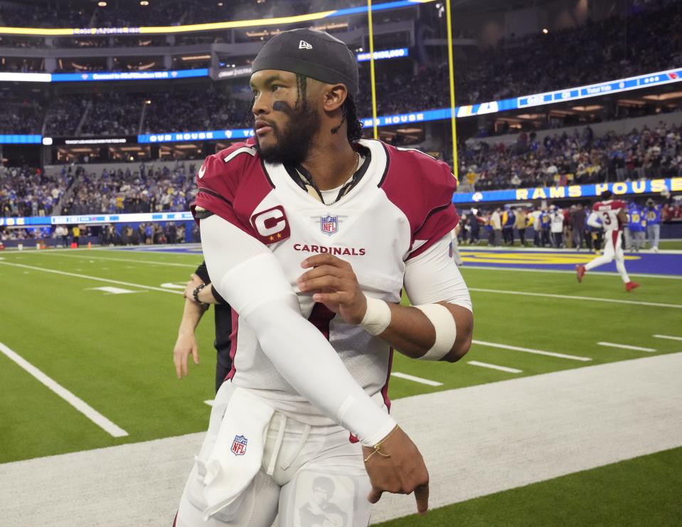 Jan 17, 2022; Los Angeles, California, USA;  Arizona Cardinals quarterback Kyler Murray (1) warms up before playing against the Los Angeles Rams in the NFC Wild Card playoff game.