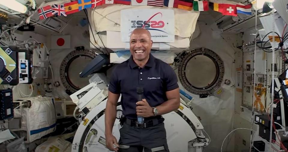 Victor Glover, a Cal Poly alumnus and NASA astronaut, smiles as he connects with U.S. Vice President Kamala Harris in a virtual chat on Feb. 24, 2021, while Glover was aboard the International Space Station.