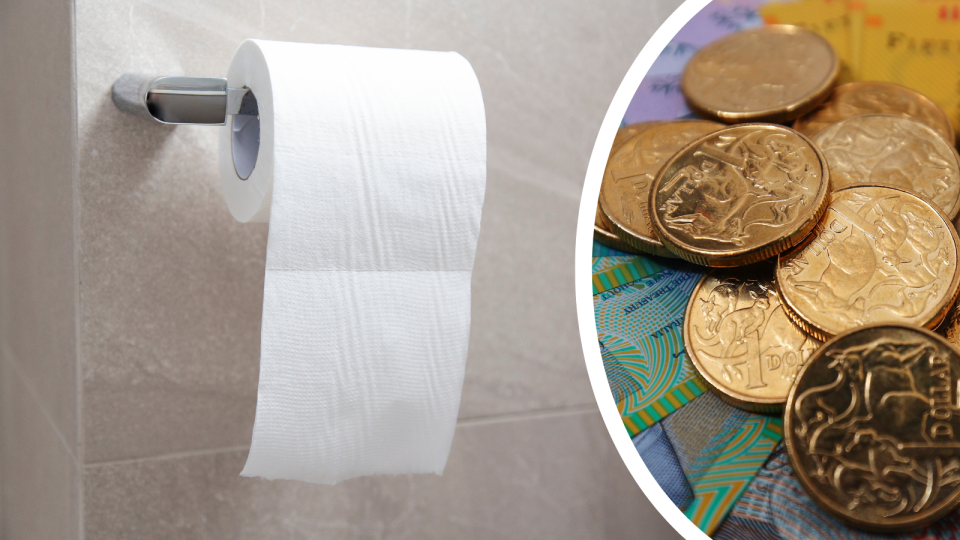 A composite image of a roll of toilet paper roll and Australian money.