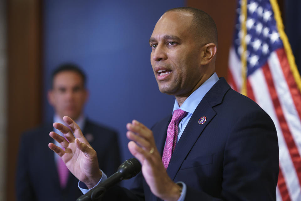 House Democratic Caucus Chair Hakeem Jeffries, D-N.Y., speaks to reporters after a meeting with Biden administration officials to discuss progress on an infrastructure bill, at the Capitol in Washington, Tuesday, June 15, 2021. (AP Photo/J. Scott Applewhite)