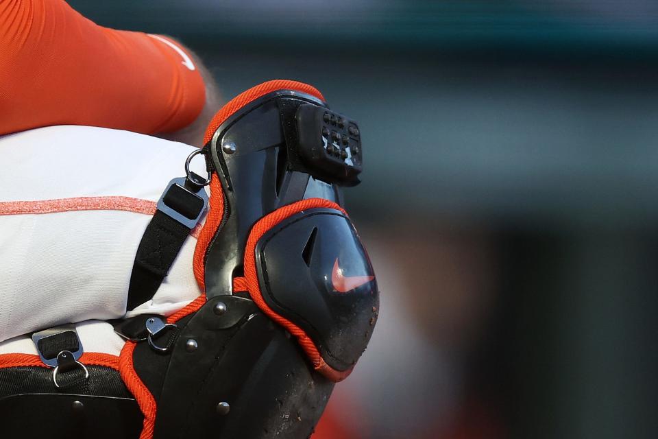 A close up of Giants catcher Joey Bart's PitchCom during a game in July.