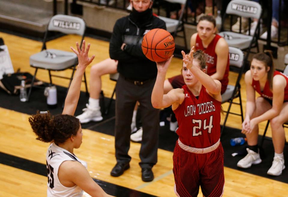 West Plains Lady Zizzer Ashton Judd shoots a field goal during a Class 5 girls Sectional game against the Willard Lady Tigers on Wednesday, March 10, 2021, at Willard High School. 