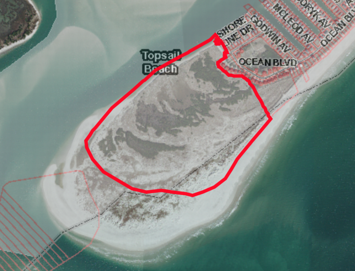 The southern tip of Topsail Island, pictured via Pender County’s GIS map, is for sale. Todd Olson, CEO of software tech giant Pendo in Raleigh, has contracted to buy it. He said he plans to conserve approximately 110 acres and build a family compound on the rest.