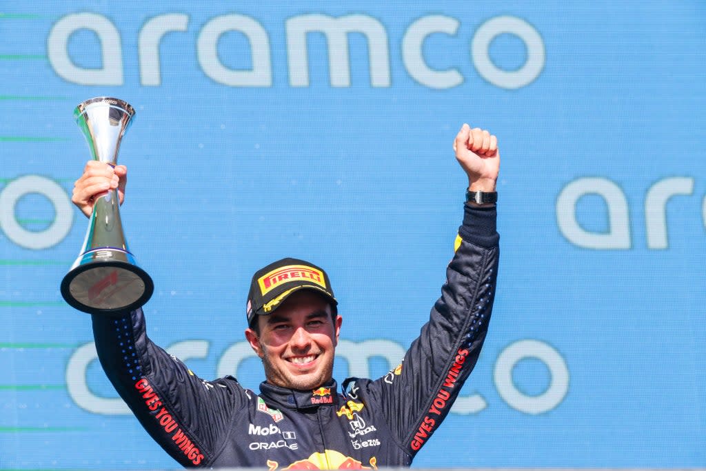 Sergio Perez of Mexico and Red Bull Racing celebrates finishing in third position (Getty)