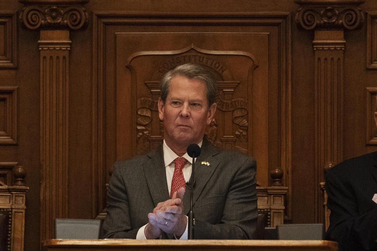 Georgia Gov. Brian Kemp speaks during the State of the State on Thursday, Jan. 13, 2022, in Atlanta. (AP Photo/Brynn Anderson)