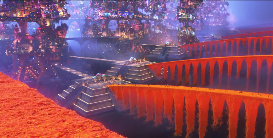 Spirits must cross the aztec marigold petal bridge to reach the Land of the Dead (Disney Pixar)