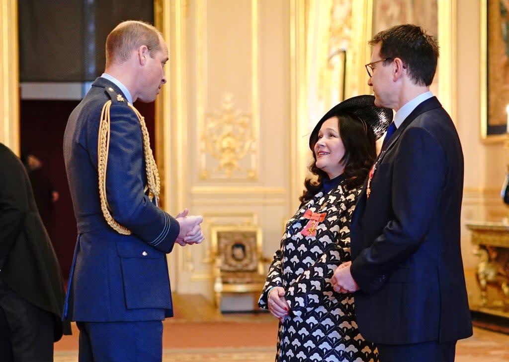 Tanya and Nadim Ednan-Laperouse receive OBEs from the Duke of Cambridge during an investiture ceremony at Windsor Castle (Yui Mok/PA) (PA Wire)