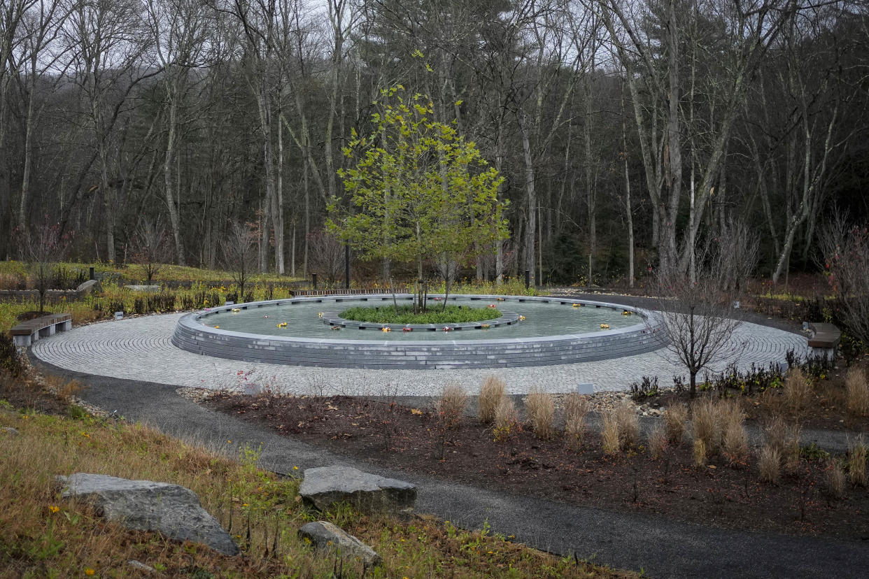A sycamore tree stands at the center of memorial to the victims of the Sandy Hook Elementary School shooting in Newtown, Conn., on Nov. 13, 2022. (Bryan Woolston / AP)