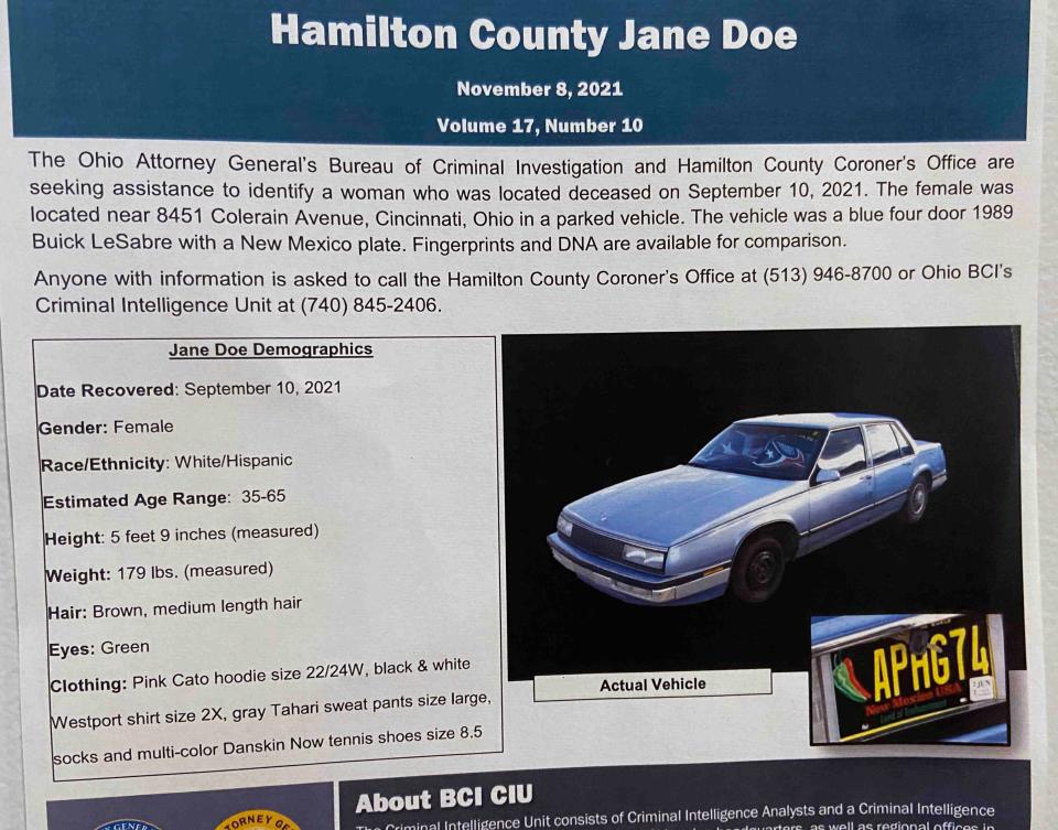 Hamilton County Coroner Dr. Lakshmi Sammarco held a news conference at the Hamilton County Coroner and Crime Lab on Nov. 8, 2021, to ask the public's help in identifying three women found dead but who have yet to be identified. In this photo, the woman was found inside a car with New Mexico license plates on Sept. 10, 2021, at a Walmart in Colerain Township.