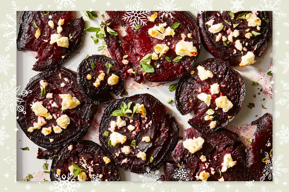 Crispy Smashed Beets with Feta on a holiday background