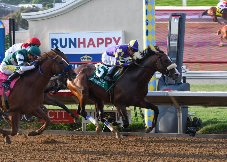 CRK Stable's Express Train leading Tripoli (outside) in the Grade II, $250,000 San Diego Handicap.