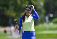 Paula Reto of South Africa smiles after her putt on the green of the 8th hole during the final round of the Canadian Pacific Women's Open golf tournament in Ottawa, Ontario, Canada, on Sunday, Aug. 28, 2022. (Justin Tang/The Canadian Press via AP)