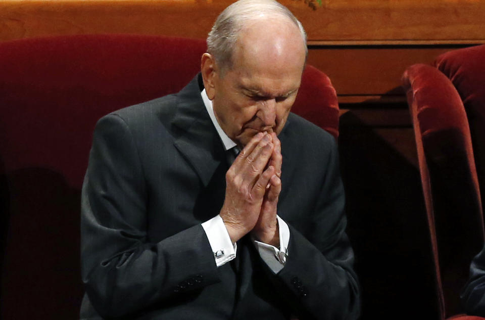 The Church of Jesus Christ of Latter-day Saints President Russell M. Nelson prays during the church's twice-annual Saturday, Oct. 6, 2018, in Salt Lake City. Mormon leaders delivered spiritual guidance and church news as the faith's conference kicks off in Salt Lake City one day after the faith announced it was renaming the famed Mormon Tabernacle Choir to drop the word Mormon. The decision to rename the singing group the Tabernacle Choir at Temple Square was the first major move since church president Nelson in August called for an end to the use of shorthand names for the religion that have been used for generations by church members and the public.(AP Photo/Rick Bowmer)