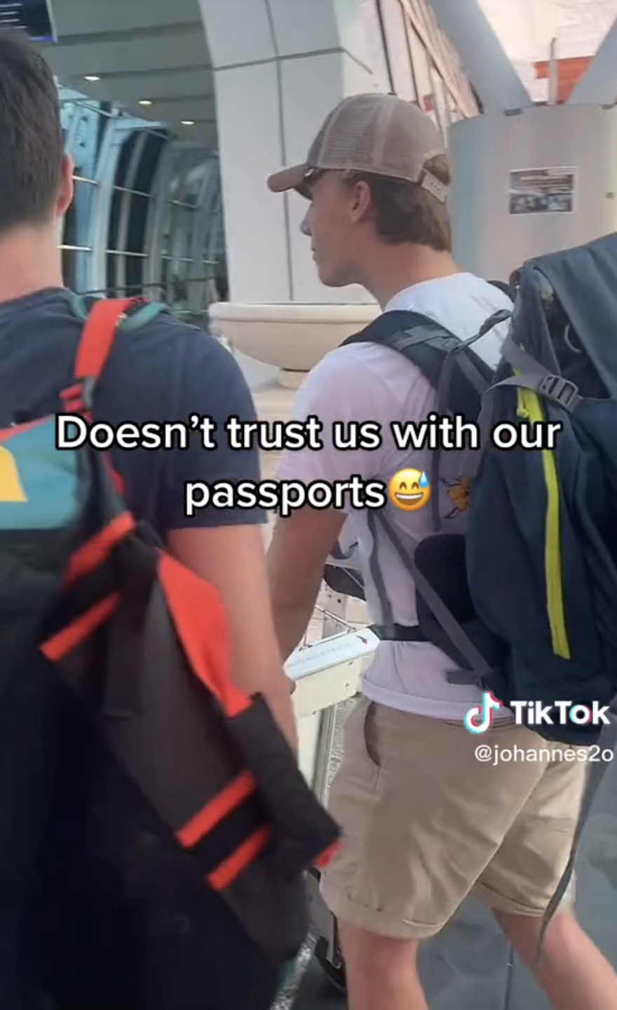 Screenshot of Airport Dad on TikTok with caption "Doesn't trust us with our passports" and laugh emoji