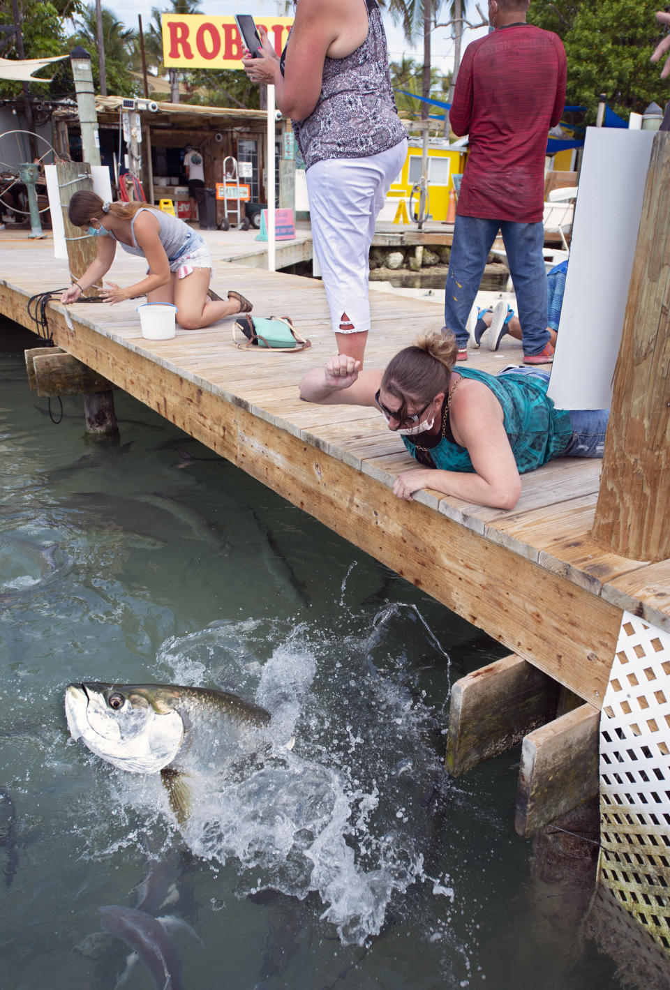 In this photo provided by the Florida Keys News Bureau, a visitor to the Florida Keys feeds a tarpon at Robbie's Marina, Monday. June 1. 2020, in Islamorada, Fla. After being closed to visitors since March 22, 2020, to help curtail the spread of COVID-19, the Florida Keys reopened to tourists Monday. Tourism employs about 45 percent of the Keys workforce. (Andy Newman/Florida Keys News Bureau via AP)