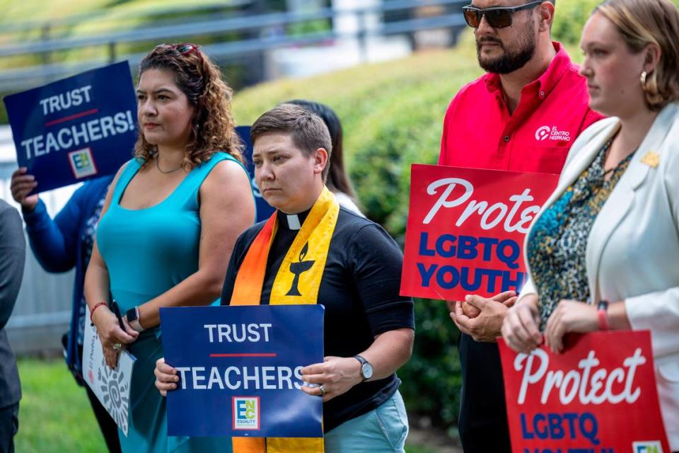 Advocates opposing veto overrides of bills banning transgender athletes and restrictions on gender-affirming care for minors hold a press conference at the Legislative Building in Raleigh on Wednesday, Aug 16, 2023.