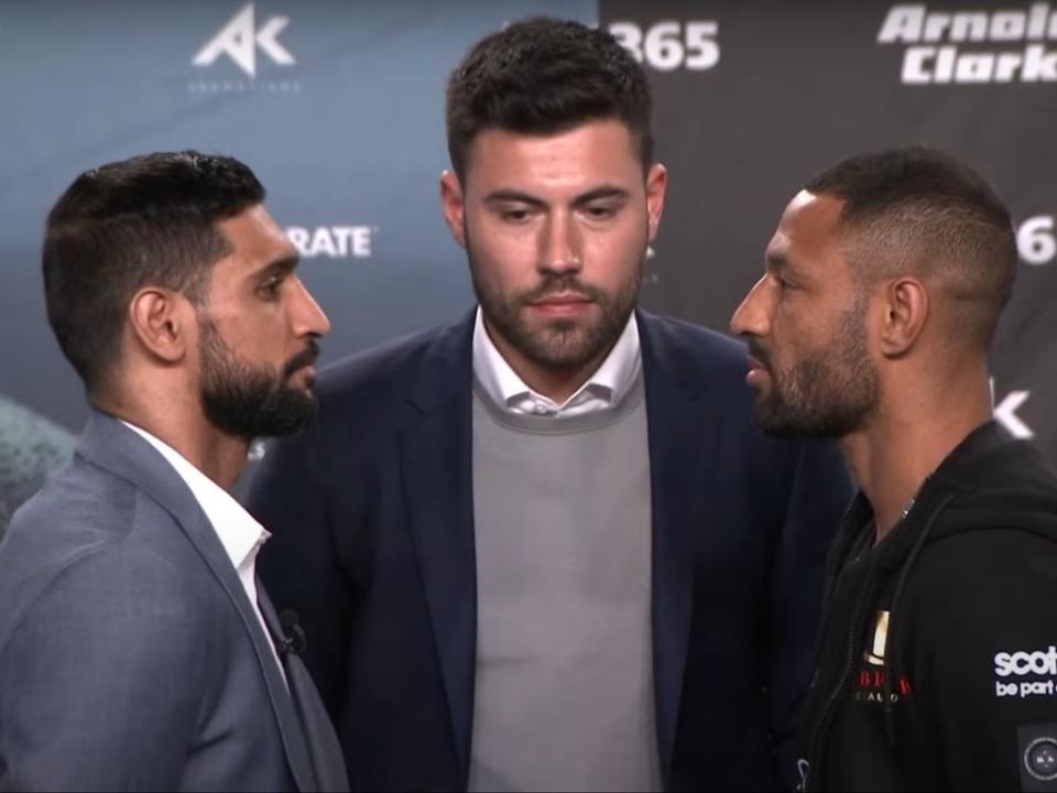 Amir Khan (left) and Kell Brook face off at their pre-fight press conference (Sky Sports Boxing via YouTube)
