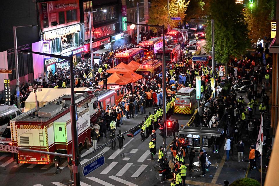 Crowds in the popular nightlife district of Itaewon in Seoul during the Halloween festivities in October 2022. 