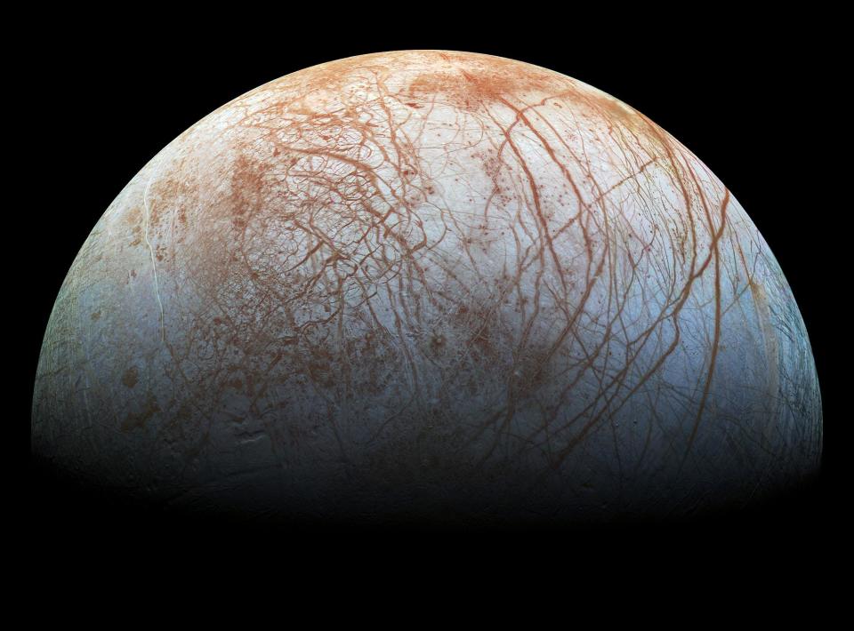 The puzzling, fascinating surface of Jupiter's icy moon <a href="http://photojournal.jpl.nasa.gov/catalog/PIA19048" target="_blank">Europa</a> looms large in this newly-reprocessed color view, made from images taken by NASA's Galileo spacecraft in the late 1990s.