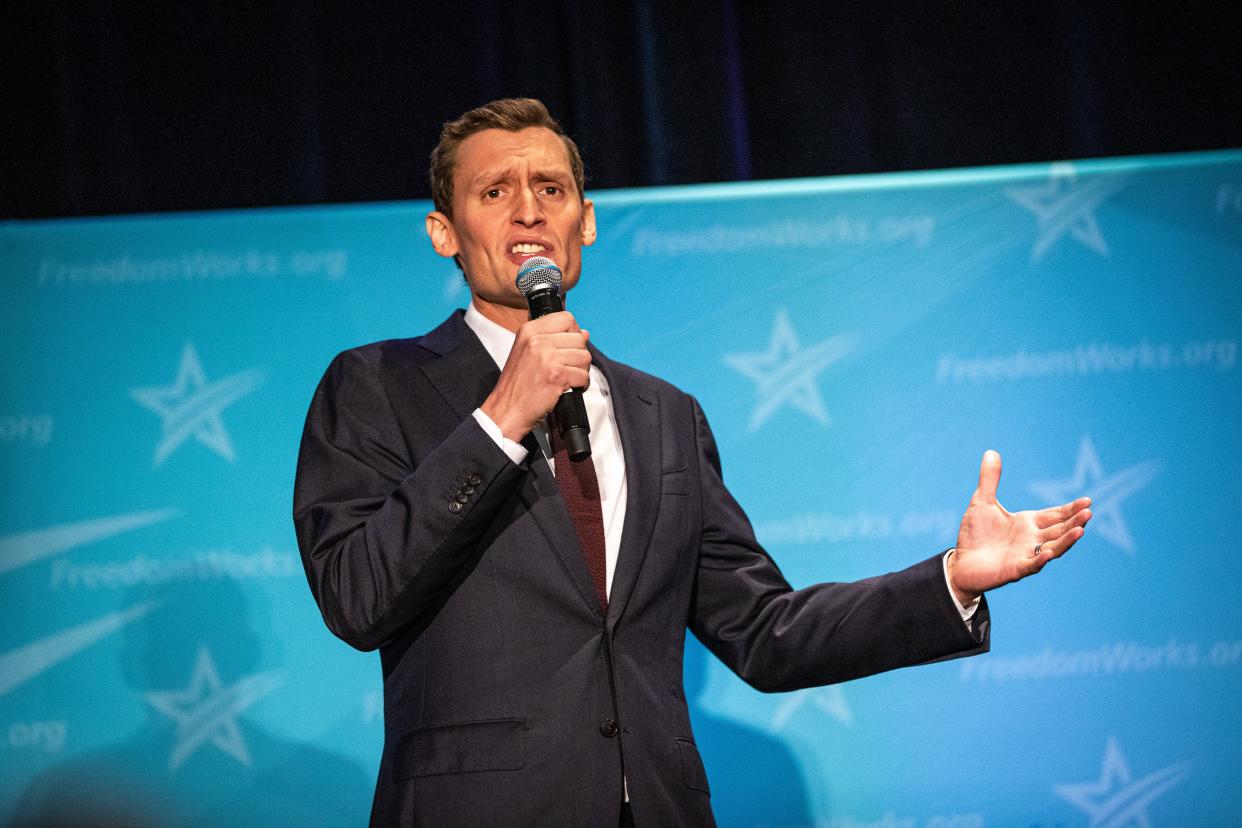 Blake Masters speaks to a crowd of Republican voters at the party's primary debate for the U.S Senate in Phoenix on June 23, 2022.