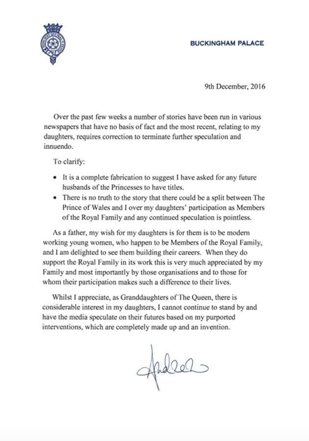 The statement, which was released by Kensington Palace, outlines his take on his daughters having jobs outside their royal duties. Photo: Kensington Palace.