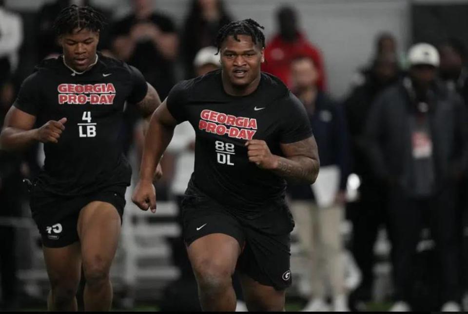 Former University of Georgia defensive lineman Jalen Carter runs drills during his school’s Pro Day, Wednesday, March 15, 2023, in Athens, Georgia. 