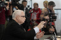 Poland's main opposition leader, Jaroslaw Kaczynski is questioned by a parliamentary commission at the parliament building, in Warsaw, Poland, Friday, March 15, 2024. Kaczynski appeared before a special parliamentary committee Friday to testify about the purchase and allegedly illegal use of advanced spyware by a government headed by his Law and Justice Party. The NSO Group's Pegasus spyware was used to spy on mobile devices belonging to opponents of the party. Recent findings suggest it was also used to eavesdrop on some key members of the right-wing party, as well. (AP Photo/Czarek Sokolowski)