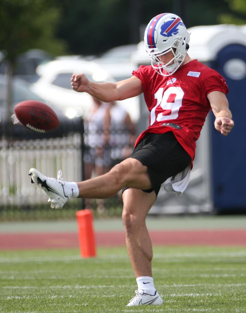 Punter Matt Araiza sends one downfield on the opening day of the Buffalo Bills training camp at St. John Fisher University in Rochester Sunday, July 24, 2022. 