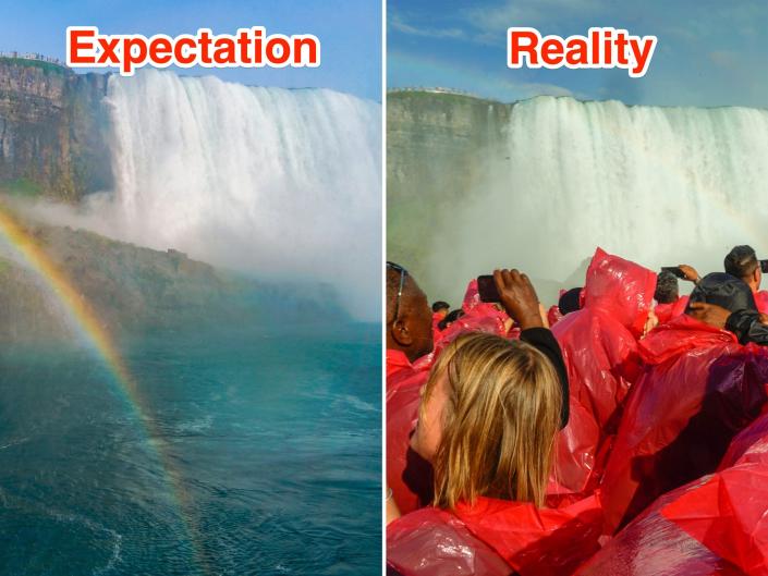 side-by-side photos show the expectation and reality of visiting Niagara Falls