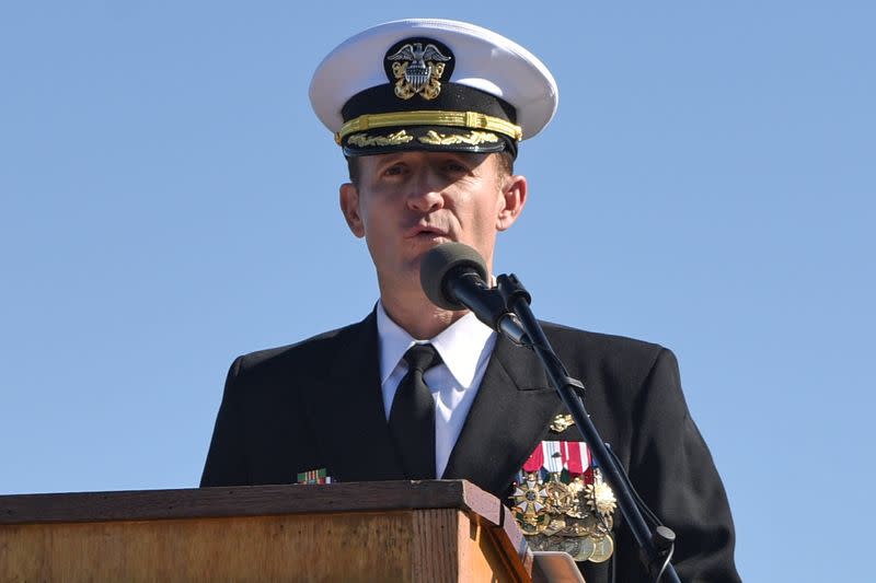 Captain Brett Crozier addresses the crew for the first time as commanding officer of the aircraft carrier USS Theodore Roosevelt