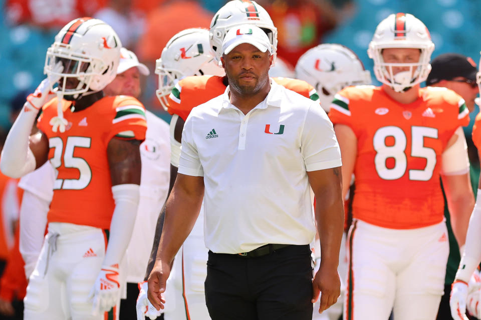 MIAMI GARDENS, FLORIDA - SEPTEMBER 03: Offensive coordinator Josh Gattis of the Miami Hurricanes looks on prior to the game against the Bethune Cookman Wildcats at Hard Rock Stadium on September 03, 2022 in Miami Gardens, Florida. (Photo by Michael Reaves/Getty Images)