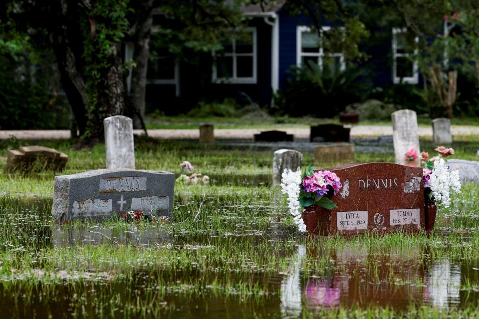 A view shows a flooded cemetery, in the aftermath of Hurricane Beryl, in Ganado, Texas, July 8, 2024.