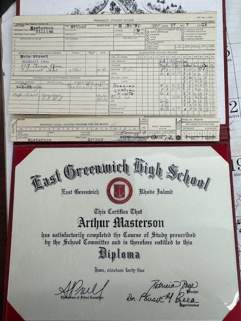 Arthur Masterson's student record (top) from before he left school to serve in WWII. He never finished school but after his family reached out to East Greenwich Public Schools in 2023, he finally got his high school diploma (bottom).