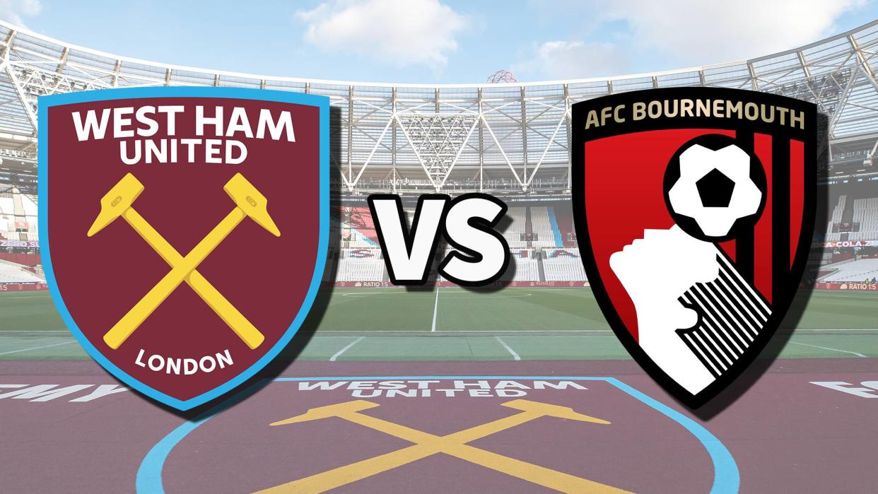  The West Ham United and AFC Bournemouth club badges on top of a photo of London Stadium in London, England, ahead of the West Ham vs Bournemouth game. 