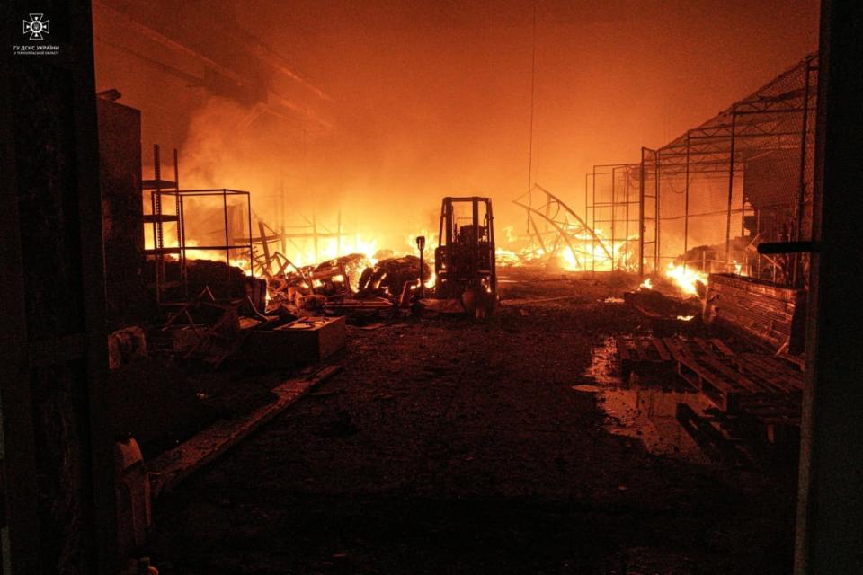 <div class="inline-image__caption"><p>A view shows a site of a warehouse burning after a Russian missile strike, amid Russia's attack on Ukraine, in Ternopil, Ukraine in this handout picture released May 14, 2023.</p></div> <div class="inline-image__credit">Press service of the State Emergency Service of Ukraine in Ternopol region/Handout via REUTERS</div>